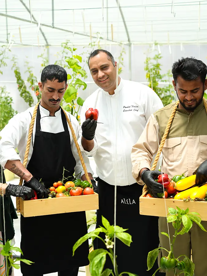Chefs display fresh produce for the Alila Jabal Akhdar Harvest & Dine